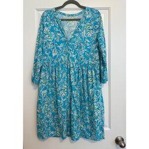 Lilly Pulitzer Blue Green Sundress  Shift with V-Neck 3/4 Sleeves Jungle Theme L